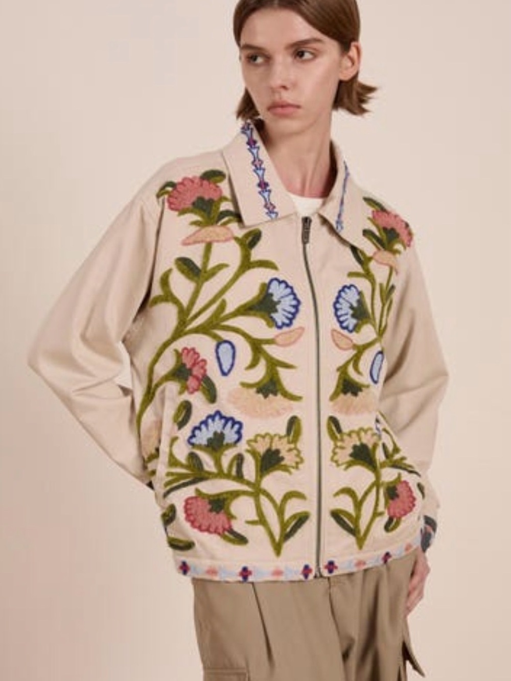Embroidered Floral Beige Bomber Jacket